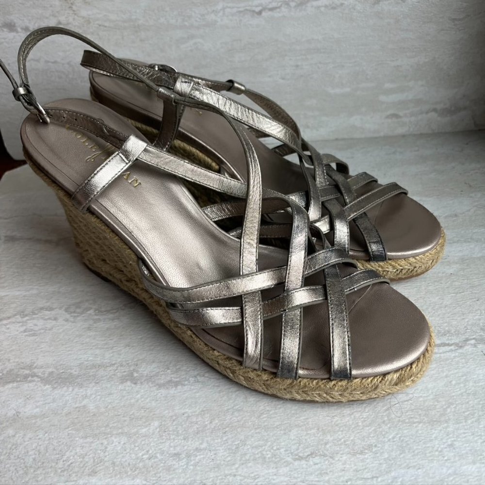 ** Cole Haan Strappy Silver Metallic Espadrille Wedge Sandals Size 8.5B